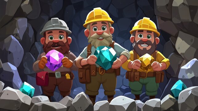A cartoon-style illustration of a diamond mine featuring animated miners holding colorful gemstones against a rocky background