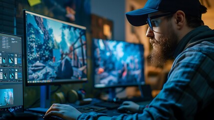 A video game designer working on 3D graphics on a computer