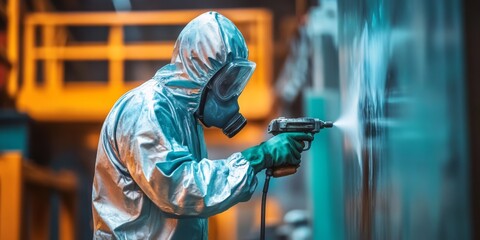 A skilled technician in protective gear carefully sprays a large surface, demonstrating the detailed painting process crucial for machinery maintenance and effective corrosion control