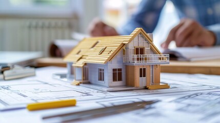 House Model on Blueprint with Architect in Background