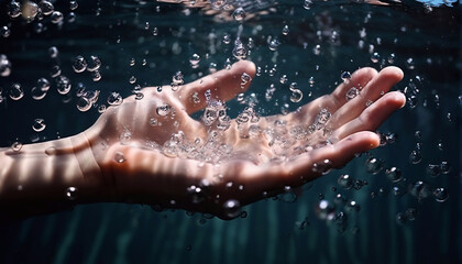 Fototapeta premium Underwater hands and bubbles, freedom concept