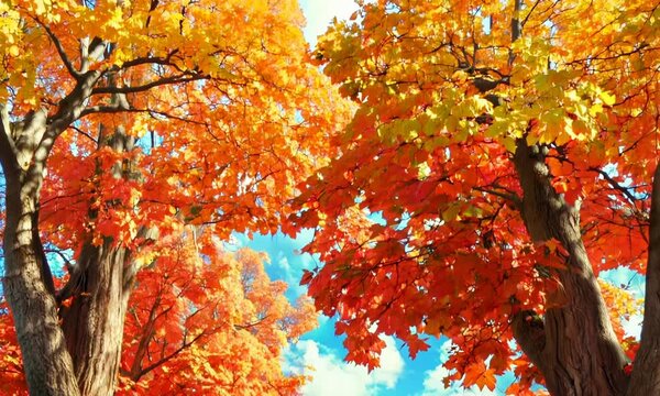 Towering sugar maple trees with vibrant fall foliage, Video