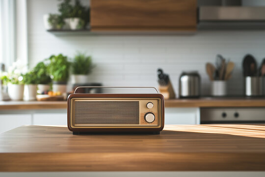 A vintage radio sits on a wooden kitchen counter, blending retro charm with modern stainless steel appliances and a minimalist kitchen design, creating a fusion of old and new aesthetics