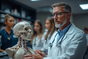 Doctor teacher shows the anatomy of the body on the example of a human model. Generative AI