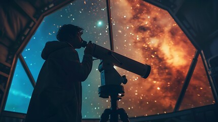 An astronomer observing the sky through a telescope in an observatory