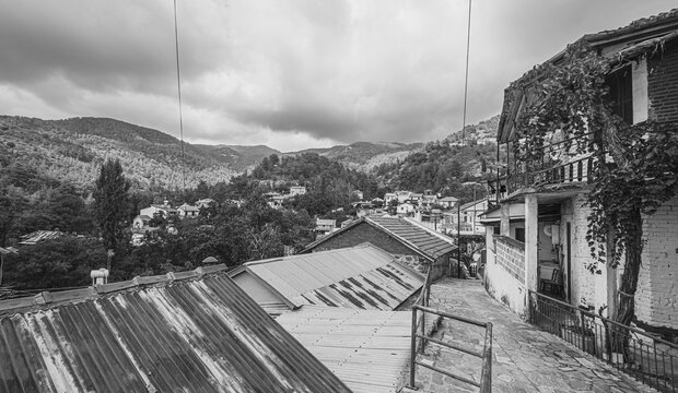 Street and house view of Phini (Foini), a picturesque, natural beauty mountainous village, of natural beauty, in the Troodos Mountains, located near by the town of Platres, Limassol district, Cyprus