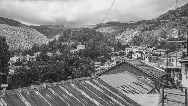 Street and house view of Phini (Foini), a picturesque, natural beauty mountainous village, of natural beauty, in the Troodos Mountains, located near by the town of Platres, Limassol district, Cyprus