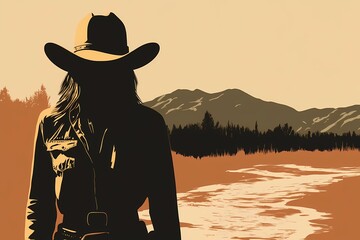 background image of a cowboy woman, western illustration style, western.  