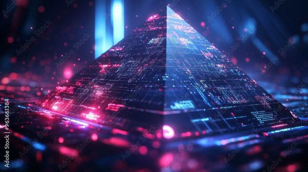 Poster a captivating 3d pyramid design vividly features advanced hud technology, showcasing intricate futur
