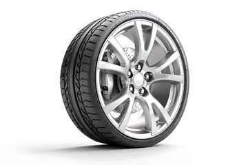 Obraz premium Tire mounted on a silver aluminum rim, isolated, displaying design and quality.