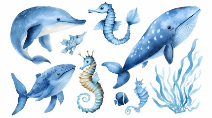 Fototapeta premium Set of sea animals. blue watercolor ocean fish, medusa, whale, seahorse. Watercolor. Illustration