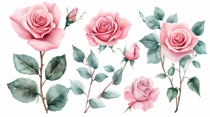 Naklejka premium Set watercolor elements of pink roses; collection garden flowers; leaves; branches. botanic; illustration, eucalyptus; wedding floral design. Watercolor. Illustration
