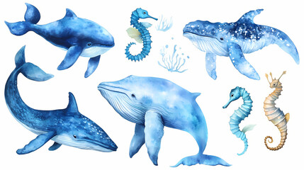 Fototapeta premium Set of sea animals. blue watercolor ocean fish, medusa, whale, seahorse. Watercolor. Illustration