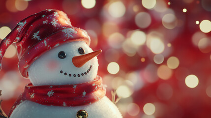 Classic Christmas Scene Featuring a Snowman with a Silk Hat, Set Against a Festive Red Background with Snowflakes and Seasonal Joy