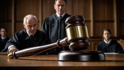 A courtroom scene featuring judges in robes, with a large gavel prominently placed on the desk, symbolizing justice, law, and authority.
