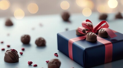 Gift box with red ribbon and chocolates on a blue background.