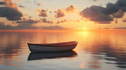 boat on the lake with sunset in the background