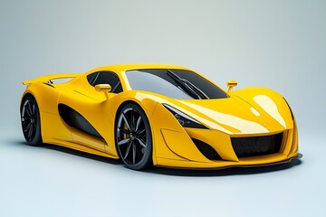 Fototapeta premium Vibrant yellow sports car, isolated on white, highlighting its dynamic design.