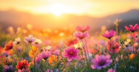 Fototapeta premium Colorful cosmos flowers in a field
