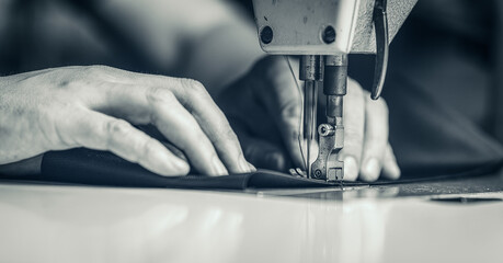 a man at work on a sewing machine. without a face.