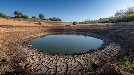 A parched, dried-out reservoir where water levels have dropped drastically, symbolizing the increasing scarcity of freshwater resources due to prolonged droughts.