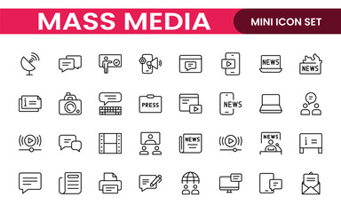 Mass media outline vector icons large set isolated on white background. media business concept. Media outline icons set.