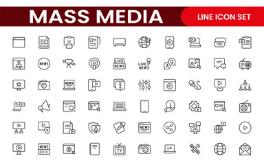 Mass media outline vector icons large set isolated on white background. media business concept. Media outline icons set.