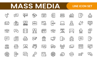 Mass media outline vector icons large set isolated on white background. media business concept. Media outline icons set.
