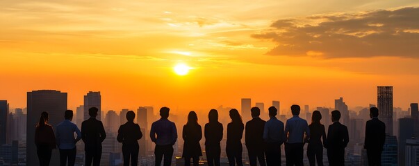 Silhouettes of People Watching the Sunset over a Cityscape