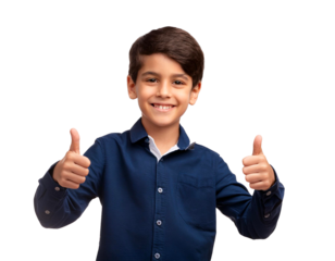 Smiling boy showing thumbs up. Cheerful child, positive gesture, transparent background.