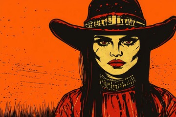 background image of a cowboy woman, western illustration style, western.  