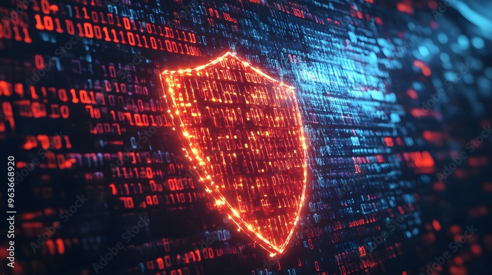 Poster a digital shield symbol glowing against a backdrop of binary code, representing cybersecurity and da