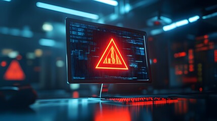 A digital warning screen displaying a red hazard symbol, symbolizing cybersecurity threats and alerts in a tech environment.