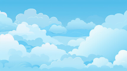 Fototapeta premium Clear blue sky filled with various white fluffy clouds. A bright, sunny day, serene and peaceful scene. Cartoon Cloud Background.