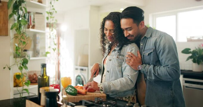 Taste, happy couple and cutting vegetables for cooking food, lunch or healthy vegan meal in home kitchen. Smile, man and woman on chopping board for carrots, pepper or organic ingredients with love