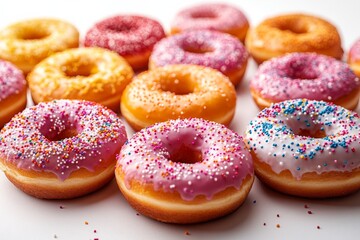 A sweet baked dessert, glazed donuts with sprinkles. Generative AI