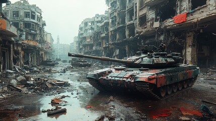 Obraz premium Military tank drives through a war-torn city street.