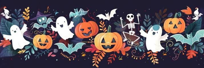 Spooky halloween celebration with pumpkins, ghosts, and bats for festive design. AI