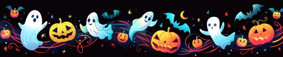 Whimsical halloween ghosts and pumpkins with bats and stars for holiday celebration design. AI