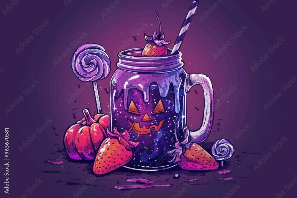 Wall mural Spooky halloween drink with jack-o'-lantern glass and candy for festive holiday celebrations. AI