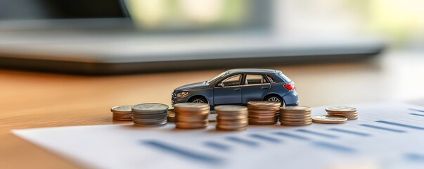 Toy car on stacks of coins representing car purchase savings