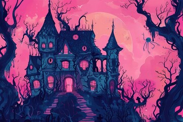 Spooky halloween night with haunted house and full moon. AI