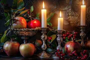 Elegant silver candle holders with apples and pomegranates for jewish new year celebration. AI