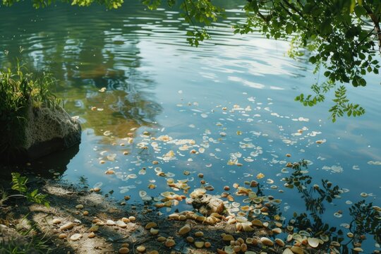 Tashlich ritual by the shore: bread pieces on serene lake. AI