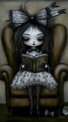 A hand-drawn cartoon girl in a witch costume reading a book, featuring dark-themed Halloween elements, set against a black isolated background.