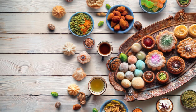 Ramadan sweets and candy Table.Arabic Cuisine; Cookies