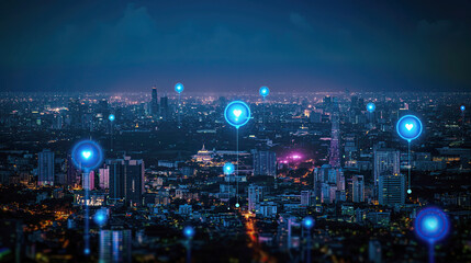 Fototapeta premium City skyline at night with multiple neon social media icons floating above buildings.