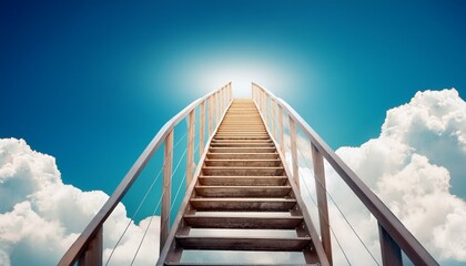 Ladder leading to blue sky and white clouds. Heaven staircase, business career progress