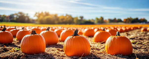A scenic view of pumpkin patch at Fall Harvest Festival, showcasing vibrant orange pumpkins under clear blue sky.