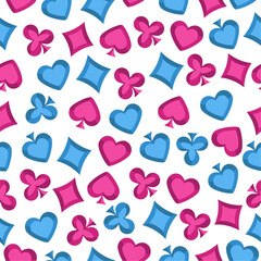 Seamless pattern with card suits. Blue and pink suits, vector illustration.